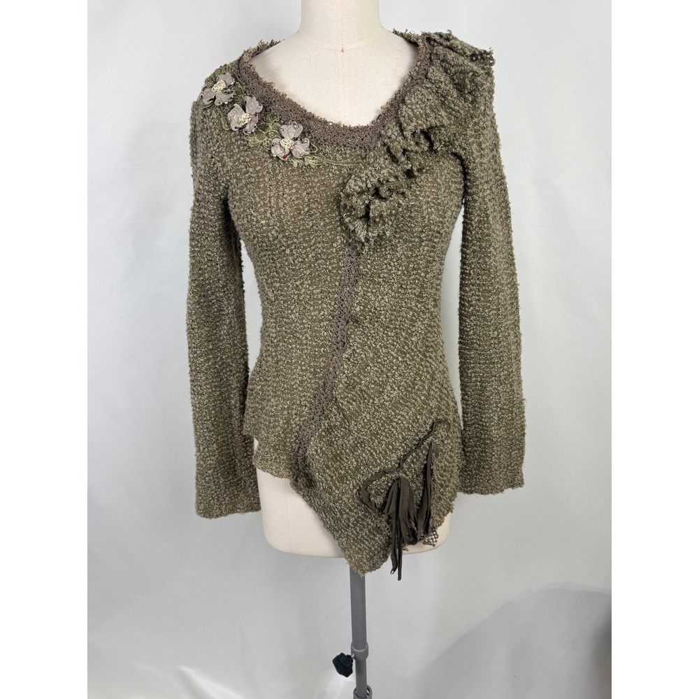 Y2K Small Texture‎ Sweater Floral Embellish Ruffle Avant Garden Top Fairy Grunge